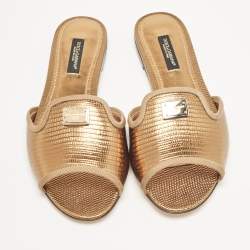 Pre Owned Dolce & Gabbana Bronze Lizard Embossed Leather Sofia Slide Sandals Size 35
