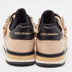Pre Owned Dolce & Gabbana Beige/Black Leather Fabric Lace Up Sneakers Size 38.5