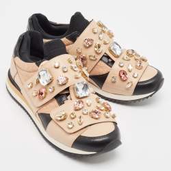 Pre Owned Dolce & Gabbana Beige/Black Leather Fabric Lace Up Sneakers Size 38.5