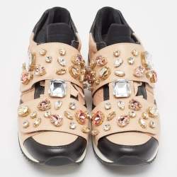 Pre Owned Dolce & Gabbana Beige/Black Leather Fabric Lace Up Sneakers Size 38.5