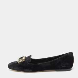 Dolce and Gabbana Black Velvet Crystal Embellished Smoking Slippers Size 39