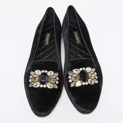 Dolce and Gabbana Black Velvet Crystal Embellished Smoking Slippers Size 39
