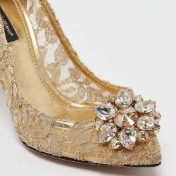 Pre Owned Dolce & Gabbana Gold Lace Bellucci Pumps Size 37.5