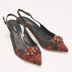 Pre Owned Dolce & Gabbana Black/Red Floral Print Fabric Crystal Embellished Slingback Pumps Size 40