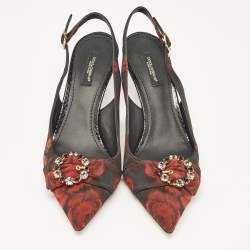 Pre Owned Dolce & Gabbana Black/Red Floral Print Fabric Crystal Embellished Slingback Pumps Size 40