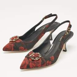 Pre Owned Dolce & Gabbana Black/Red Floral Print Fabric Crystal Embellished Slingback Pumps Size 40