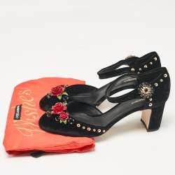 Pre Owned Dolce & Gabbana Black Velvet Studded and Rose Embellished Ankle Strap Pumps Size 41