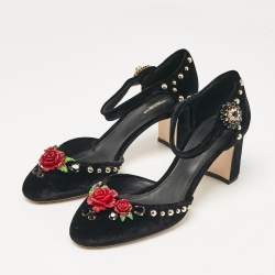 Pre Owned Dolce & Gabbana Black Velvet Studded and Rose Embellished Ankle Strap Pumps Size 41