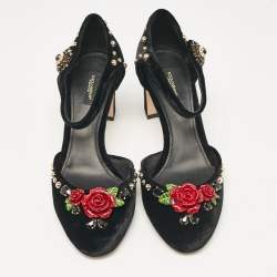 Pre Owned Dolce & Gabbana Black Velvet Studded and Rose Embellished Ankle Strap Pumps Size 41