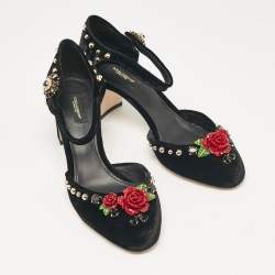 Pre Owned Dolce & Gabbana Black Velvet Studded and Rose Embellished Ankle Strap Pumps Size 41