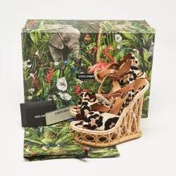 Dolce & Gabbana Beige/Black Leopard Print Straw Crystal Brooch Platform Sandals Size 36