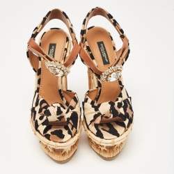 Dolce & Gabbana Beige/Black Leopard Print Straw Crystal Brooch Platform Sandals Size 36