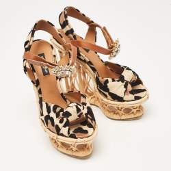 Dolce & Gabbana Beige/Black Leopard Print Straw Crystal Brooch Platform Sandals Size 36