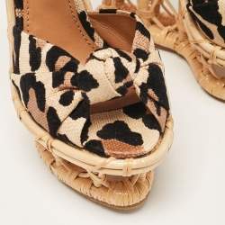 Dolce & Gabbana Beige/Black Leopard Print Straw Crystal Brooch Platform Sandals Size 36