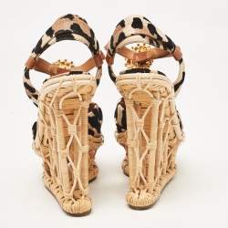 Dolce & Gabbana Beige/Black Leopard Print Straw Crystal Brooch Platform Sandals Size 36