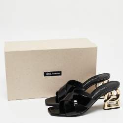 Pre Owned Dolce & Gabbana Black Patent Leather DG Heel Slide Sandals Size 38