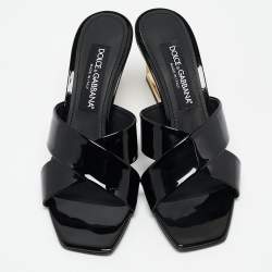 Pre Owned Dolce & Gabbana Black Patent Leather DG Heel Slide Sandals Size 38