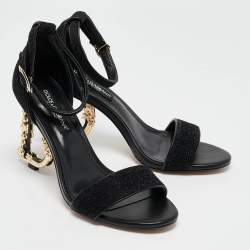 Pre Owned Dolce & Gabbana Black Leather and Lurex Keira DG Baroque Sandals Size 38