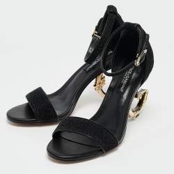 Pre Owned Dolce & Gabbana Black Leather and Lurex Keira DG Baroque Sandals Size 38