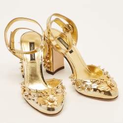 مملوكة مسبقًا Dolce & Gabbana Gold Leather Embellished Ankle Wrap Sandals Size 35
