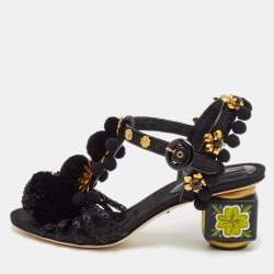 Dolce & Gabbana Black Fabric and Raffia Pom Pom Embellished T-Strap Sandals Size 35