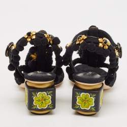 Dolce & Gabbana Black Fabric and Raffia Pom Pom Embellished T-Strap Sandals Size 35