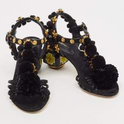 Dolce & Gabbana Black Fabric and Raffia Pom Pom Embellished T-Strap Sandals Size 35