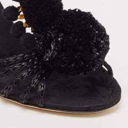 Dolce & Gabbana Black Fabric and Raffia Pom Pom Embellished T-Strap Sandals Size 35