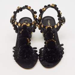 Dolce & Gabbana Black Fabric and Raffia Pom Pom Embellished T-Strap Sandals Size 35