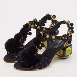 Dolce & Gabbana Black Fabric and Raffia Pom Pom Embellished T-Strap Sandals Size 35