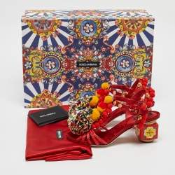 Dolce & Gabbana Red Fabric and Raffia Pom Pom Embellished T-Strap Sandals Size 35