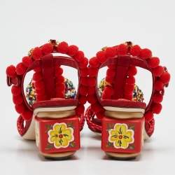 Dolce & Gabbana Red Fabric and Raffia Pom Pom Embellished T-Strap Sandals Size 35