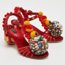 Dolce & Gabbana Red Fabric and Raffia Pom Pom Embellished T-Strap Sandals Size 35