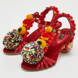 Dolce & Gabbana Red Fabric and Raffia Pom Pom Embellished T-Strap Sandals Size 35