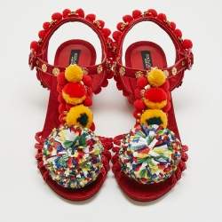 Dolce & Gabbana Red Fabric and Raffia Pom Pom Embellished T-Strap Sandals Size 35