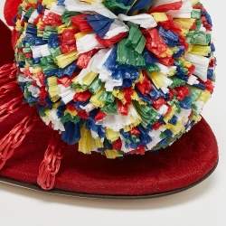 Dolce & Gabbana Red Fabric and Raffia Pom Pom Embellished T-Strap Sandals Size 35
