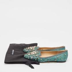 Pre Owned Dolce & Gabbana Green Raffia Crystal Embellished Ballet Flats Size 36