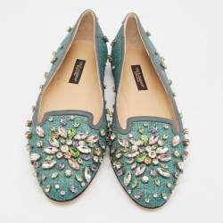 Pre Owned Dolce & Gabbana Green Raffia Crystal Embellished Ballet Flats Size 36