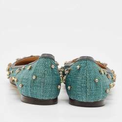 Pre Owned Dolce & Gabbana Green Raffia Crystal Embellished Ballet Flats Size 36