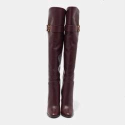 Pre Owned Dolce & Gabbana Burgundy Leather Buckle Detail Thigh High Boots Size 36.5