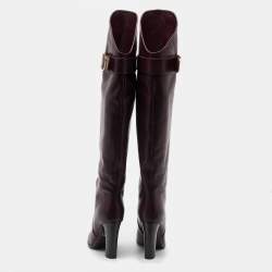 Pre Owned Dolce & Gabbana Burgundy Leather Buckle Detail Thigh High Boots Size 36.5