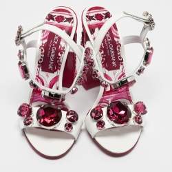 Dolce & Gabbana White Patent Leather Crystal Embellished Keira Ankle Strap Sandals Size 39