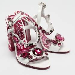 Dolce & Gabbana White Patent Leather Crystal Embellished Keira Ankle Strap Sandals Size 39