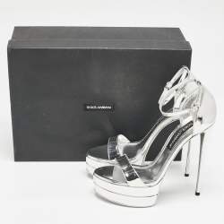 Dolce & Gabbana Silver Leather Double Platform Sandals Size 41