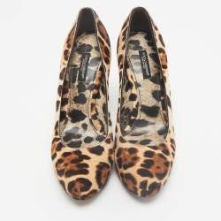 Dolce & Gabbana Brown Leopard Print Calf Hair Platform Pumps Size 37