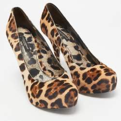 Dolce & Gabbana Brown Leopard Print Calf Hair Platform Pumps Size 37