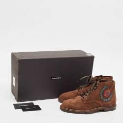 Dolce & Gabbana Brown Suede Embroidered Patch Ankle Boots Size 39 