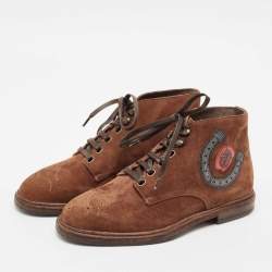 Dolce & Gabbana Brown Suede Embroidered Patch Ankle Boots Size 39 