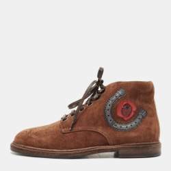 Dolce & Gabbana Brown Suede Embroidered Patch Ankle Boots Size 39 
