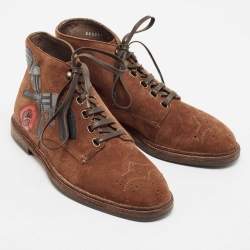Dolce & Gabbana Brown Suede Embroidered Patch Ankle Boots Size 39 